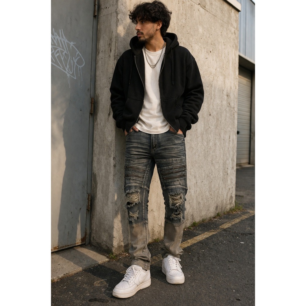 Victorious Moto Jeans Mens Size 32 Distressed Dip Dye Streetwear Biker